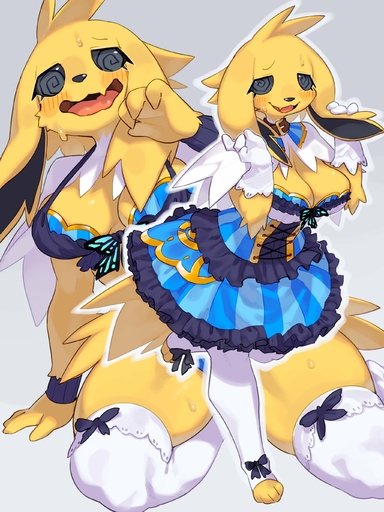 absurd_res anthro blush breasts clothed clothing eeveelution female fur hi_res jolteon kame_3 mammal open_mouth pokemon_(species) smile video_games yellow_body yellow_fur // 2048x2732 // 554.8KB
