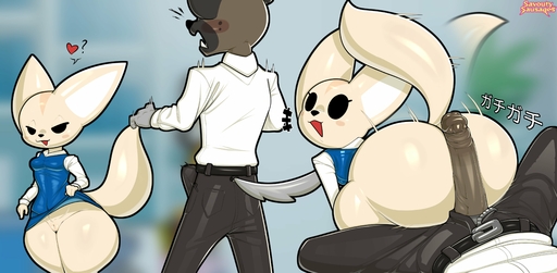 absurd_res anthro blush butt canid canine clothing duo erection female fennec fenneko fox fur genitals haida hi_res hyaenid male malefemale mammal penis savourysausages spotted_hyena thick_thighs vulpes // 4096x2011 // 581.0KB
