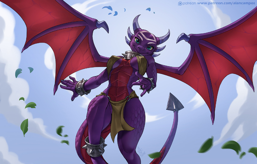2018 activision alanscampos anthro blue_eyes bottomwear breasts claws cleavage clothed clothing cloud cynder digital_media_(artwork) dragon female hi_res horn loincloth looking_at_viewer low-angle_view membrane_(anatomy) membranous_wings non-mammal_breasts patreon scalie sky skylanders smile solo spade_tail spread_wings spyro_the_dragon text under_boob url video_games wide_hips wings // 2000x1283 // 1014.9KB