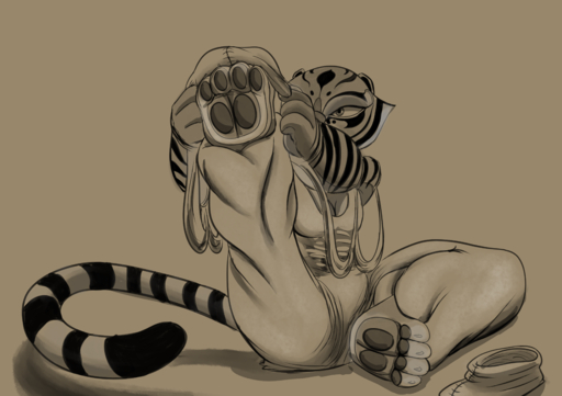 absurd_res anthro breasts claws cleavage clothed clothing dressing felid female hi_res mammal master_tigress medium_breasts monochrome pantherine pawpads paws sabrotiger sepia simple_background sitting stripes tiger toe_claws // 4299x3035 // 4.5MB