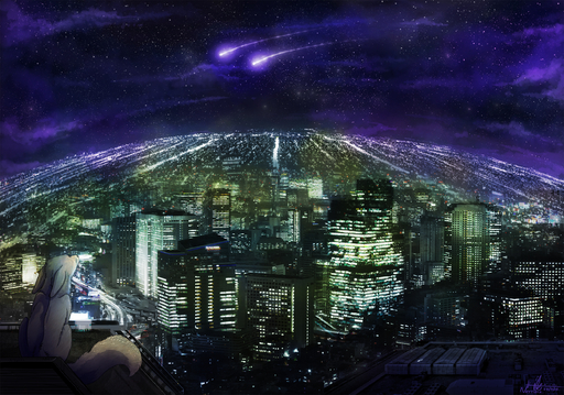 2013 canid canine city comet detailed_background fur hi_res mammal neytirix night nude outside sitting sky solo star starry_sky white_body white_fur // 2419x1694 // 3.0MB