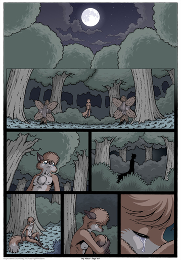 anthro black_nose blue_eyes bodily_fluids bottomwear canid canine clothed clothing comic crying farin fox fur geminisaint hi_res loincloth male mammal moon plant sweat tears topless tree // 896x1280 // 390KB