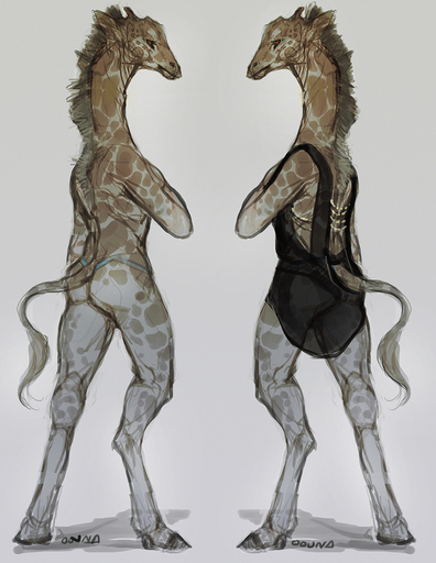 2015 ambiguous_gender anthro biped butt clothing conditional_dnp digital_media_(artwork) dress giraffe giraffid hi_res hooves mammal oouna raised_tail red_eyes sekai_(oouna) simple_background solo spots standing thong underwear // 927x1200 // 836KB