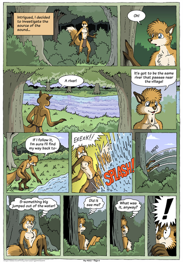 ! 2015 anthro biped bottomwear canid canine clothed clothing comic detailed_background dialogue english_text farin forest fox furgonomics geminisaint hi_res loincloth male mammal nature plant river scared sitting solo speech_bubble startled tail_clothing text topless tree tribal water // 896x1280 // 591.6KB