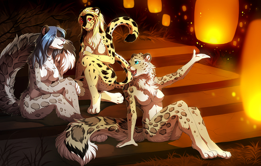 anthro blonde_hair blue_eyes blue_hair breasts butt casual_nudity cheetah chest_tuft felid feline female fur group hair hioshiru leopard lights looking_at_viewer mammal naturally_censored nipple_tuft nude pantherine paws plantigrade red_eyes smile snow_leopard stairs tuft yuna_snowleopard // 1280x812 // 1.1MB