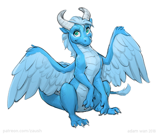 2018 ambiguous_gender blue_body blue_skin claws dragon feathers feral green_eyes hair horn kothorix nude scalie simple_background smile solo text toe_claws url white_background wings youtuber zaush // 1400x1196 // 1.1MB