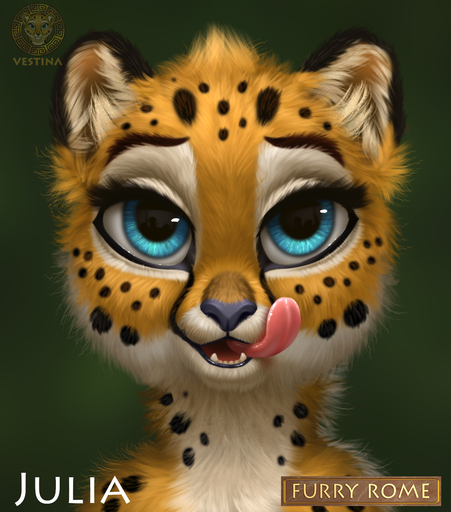anthro blue_eyes cheetah chibi felid feline female fluffy fluffy_hair fur hair hi_res julia_(vestina) licking licking_lips looking_at_viewer mammal open_mouth solo spots spotted_body spotted_fur tongue tongue_out vestina // 1300x1475 // 800.6KB
