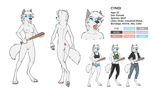 2018 anthro baseball_bat bat_(object) blue_eyes breasts butt canid canine canis casual_nudity clothed clothing cyndi_(character) digital_media_(artwork) digitigrade english_text facial_markings featureless_crotch female fur head_markings holding_object mammal markings midriff model_sheet multiple_versions nipples nude offon open_mouth pawpads pink_pawpads pink_tongue simple_background sketch skimpy smile solo text tongue white_background white_body white_fur wolf zaush // 1500x911 // 277.1KB