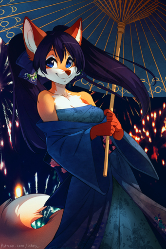 2016 2:3 alina_braun anthro asian_clothing bare_shoulders blue_eyes blue_hair breasts canid canine cleavage clothed clothing digital_media_(artwork) east_asian_clothing female fireworks fox fur hair iskra japanese_clothing kimono long_hair mammal multicolored_body multicolored_fur orange_body orange_fur outside pigtails shaded smile solo two_tone_body two_tone_fur umbrella white_body white_fur // 600x900 // 1.0MB
