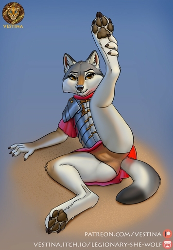2022 4_fingers 4_toes anthro armor barefoot black_nose brown_pawpads canid canine canis claws clothed clothing digitigrade feet female finger_claws fingers flexible foot_grab fur green_eyes grey_body grey_fur hi_res hindpaw humanoid_hands inner_ear_fluff legionnaire lying mammal on_back panties pawpads paws pinup pose raised_leg roman signature soldier solo stretching text toe_claws toes tuft tunic underwear url vestina warrior wolf // 1000x1437 // 189.2KB