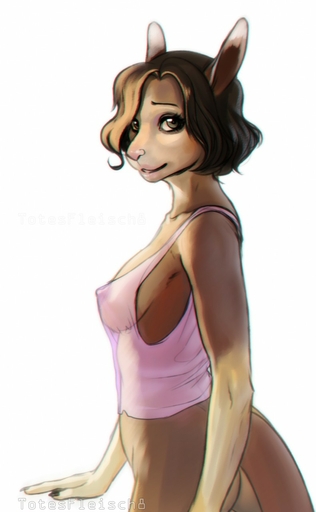 anthro biped bottomless breasts brown_body brown_fur brown_hair clothed clothing female fur grey_eyes hair hi_res humanoid_hands kangaroo looking_aside looking_at_viewer macropod mammal marsupial nipples pink_nose shirt short_hair side_boob side_view simple_background smile solo standing tan_body tan_fur tank_top topwear totesfleisch8 translucent translucent_clothing white_background // 790x1280 // 92.2KB