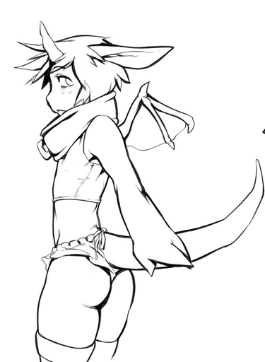 anthro butt clothed clothing devin_(onta) digital_media_(artwork) doxy dragon girly hair horn looking_back male membrane_(anatomy) membranous_wings midriff monochrome scalie simple_background skimpy solo source_request unigan wings // 598x817 // 53.4KB