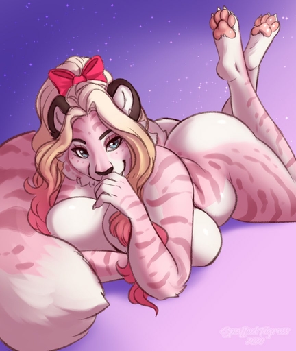 2020 anthro big_breasts big_butt blonde_hair breasts butt felid female hair lying mammal marzipan_(spottedtigress) on_front pink_body solo spottedtigress // 864x1024 // 94.2KB