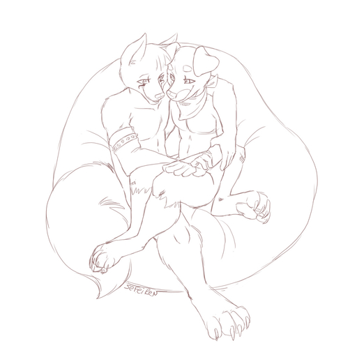 1:1 anthro bandanna bean_bag canid canine clothing conditional_dnp duo hindpaw kerchief male malemale mammal nude paws romantic romantic_couple sefeiren simple_background sitting sketch smile white_background // 1100x1100 // 138.8KB