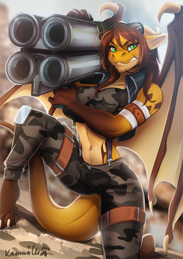 2021 anthro breasts brown_hair clothed clothing day detailed_background digital_media_(artwork) dragon eyebrows eyelashes feet female fingers green_eyes gun hair holding_gun holding_object holding_weapon kammi-lu lori_raleigh membrane_(anatomy) membranous_wings outside ranged_weapon scalie sky solo toes weapon wings // 707x1000 // 745.1KB