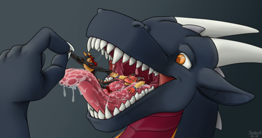 anthro biped bodily_fluids bunsen dragon fandroit feral group macro male male_pred male_prey micro oral_vore saliva scalie size_difference sparkflare teeth throat tongue vore western_dragon zyro // 1500x792 // 1.0MB