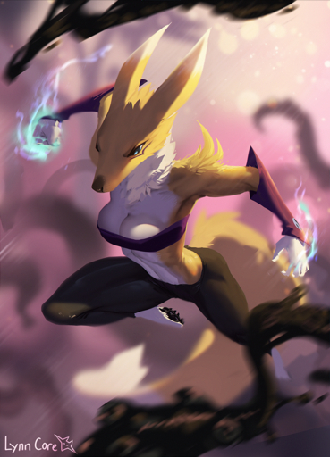 2022 5_fingers anthro biped blue_eyes breasts cleavage clothed clothing countershade_fur countershade_torso countershading digimon_(species) digital_media_(artwork) female fingers fur lynncore midriff motion_blur navel pawpads renamon solo white_body white_fur yellow_body yellow_fur // 851x1181 // 1.6MB