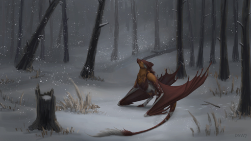 16:9 2019 ambiguous_gender brown_body brown_fur detailed detailed_background digital_media_(artwork) dragon dsw7 feral forest fur jewelry looking_away nature necklace outside plant snow snowing solo standing tree widescreen wings wyvern // 1280x720 // 1.3MB