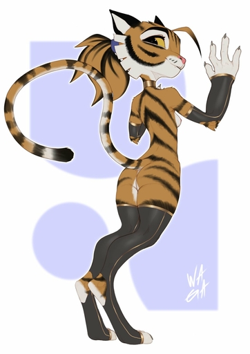 2022 4_fingers anthro armwear breasts butt claws clothing felid female fingers full-length_portrait hi_res looking_back mammal markings mostly_nude pantherine portrait rear_view solo standing striped_markings striped_tail stripes tail_markings tiger toeless_legwear toeless_stockings tupradu_(pyriax) w4g4 yellow_eyes // 1056x1492 // 112.0KB
