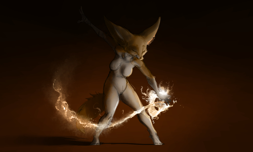 2020 5:3 anthro breasts canid canine casual_nudity eyes_closed female fennec fire fox fur genitals ipoke magic mammal nipples nude pussy solo standing tan_body tan_fur vulpes // 1000x600 // 253.8KB