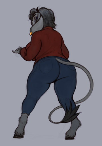 anthro big_breasts black_nose blue_bottomwear blue_clothing blue_jeans blue_pants bottomwear bovid bovine breast_squish breasts butt cattle chelodoy clothed clothing curvaceous curvy_figure denim denim_clothing ear_piercing ear_tag female fingers floppy_ears fur grey_body grey_fur hi_res hooves horn jeans looking_back mammal miravine pants piercing red_clothing solo squish sweater tail_motion tail_tuft topwear tuft turtleneck turtleneck_sweater voluptuous wide_hips // 1204x1714 // 1.1MB