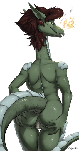 2016 anthro anus biped brown_hair butt dragon female genitals hair humanoid_pointy_ears long_neck nude pon_(orionop) pussy scalie signature simple_background smile smoke solo spread_butt spreading truegrave9 white_background // 600x1141 // 277.9KB