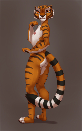 anthro biped butt clothed clothing dreamworks embarrassed felid female flat_chested fur gorsha_pendragon hi_res kung_fu_panda looking_at_viewer mammal master_tigress nipples nude orange_body orange_eyes orange_fur pantherine presenting presenting_hindquarters simple_background solo standing stripes tiger // 1218x1947 // 972.8KB