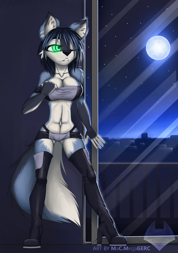 anthro boots canid canine clothed clothing female footwear green_eyes hair hair_over_eye hi_res macmegagerc mammal nancy_(macmegagerc) night one_eye_closed one_eye_obstructed skimpy solo window // 844x1200 // 642.7KB