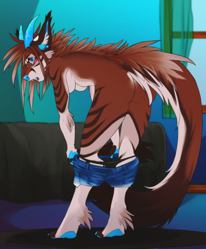 2019 anthro barefoot biped blue_claws blue_eyes blue_horn blue_nose blue_pawpads breasts brown_hair butt claws clothing detailed_background digital_media_(artwork) dragon ear_piercing featureless_breasts feet female fingers fur furred_dragon hair hi_res horn kittentits looking_back non-mammal_breasts pawpads piercing solo standing thong toes under_boob underwear undressing window wingless_dragon // 1062x1280 // 1.1MB