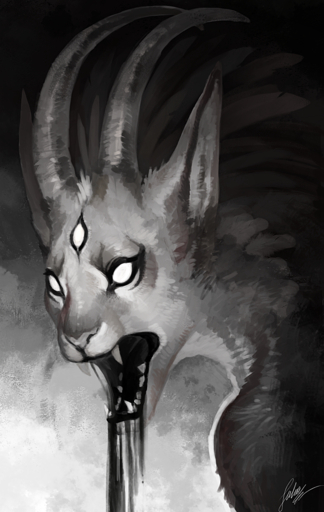 2018 3_eyes anthro black_and_white curved_horn digital_media_(artwork) hi_res horn hybrid juliathedragoncat looking_at_viewer monochrome multi_eye open_mouth solo teeth tongue // 760x1200 // 1.1MB