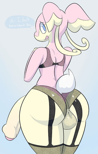 anthro anthrofied audino balls big_butt big_penis butt clade clothed clothing conditional_dnp crossdressing cyan_background foreskin genitals girly half-erect hi_res humanoid_genitalia humanoid_penis lingerie long_penis male nintendo open_mouth penis pokemon pokemon_(species) simple_background solo text uncut video_games // 1150x1800 // 591.6KB