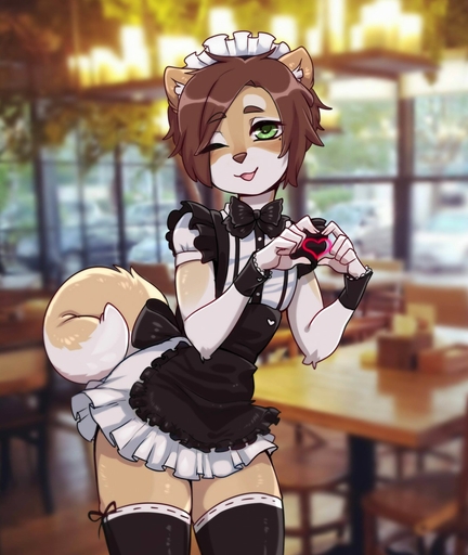 2018 5_fingers <3 ambiguous_gender anthro biped blurred_background brown_hair canid canine canis clothed clothing curled_tail digital_media_(artwork) domestic_dog dress eyeliner fingers flaffy_(viskasunya) fluffy fluffy_tail fur gesture girly green_eyes hair hand_heart hi_res inside legwear maid_uniform makeup mammal one_eye_closed open_mouth photo_background restaurant shiba_inu smile solo spitz thigh_highs uniform viskasunya wink // 1079x1280 // 203.7KB