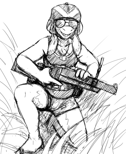 anthro armor asinus black_and_white clothing digital_media_(artwork) dog_tags donk donkey equid equine eyewear footwear grenade_launcher headgear helmet hi_res hladilnik horse long_ears looking_at_viewer mammal military monochrome ranged_weapon sandals sketch smile solo sunglasses weapon // 1048x1280 // 616.2KB