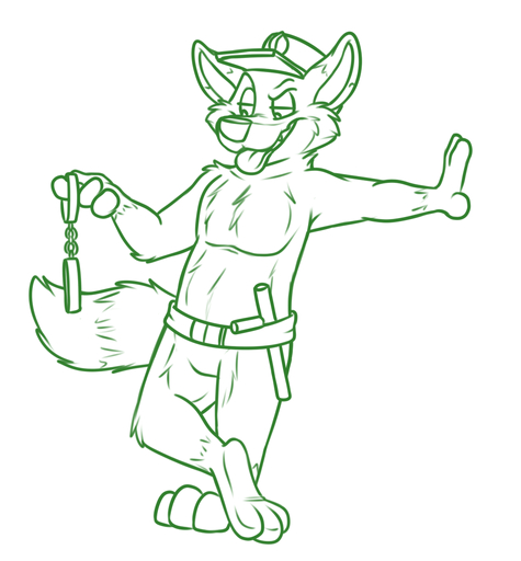 3_toes 4_fingers anthro arm_tuft belt biped canid canine cheek_tuft chest_tuft cuff_(restraint) elbow_tufts eyebrows facial_tuft fangs featureless_crotch feet fingers fur green_and_white half-closed_eyes handcuffs knee_tuft leaning leg_tuft line_art looking_away looking_down male mammal metal_cuffs monochrome mostly_nude narrowed_eyes open_mouth open_smile police police_baton police_hat raised_eyebrow restraints rotten_robbie shackles shoulder_tuft simple_background smile solo standing toes tongue tongue_out tuft white_background // 987x1065 // 261.2KB