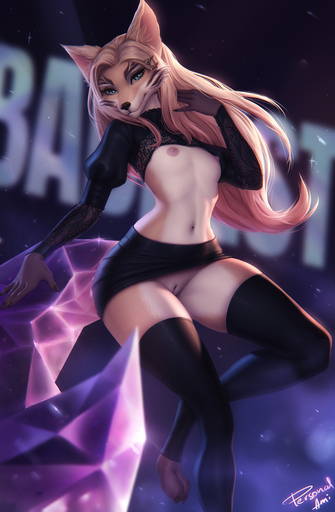 3_toes 5_fingers accessory ahri_(lol) anthro anthrofied areola black_clothing blonde_hair bottomwear breasts canid canine clothed clothing exposed_breasts feet female fingers fox fur genitals hair hair_accessory hi_res ineffective_clothing league_of_legends legwear long_hair looking_at_viewer mammal midriff mostly_nude navel nipples partially_clothed peach_pussy personalami pussy riot_games skirt small_breasts solo tan_body tan_fur tan_hair thigh_highs toes upskirt video_games // 850x1300 // 452.5KB