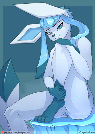 anthro blue_eyes chrysalisdraws eeveelution female genitals glaceon hi_res looking_at_viewer nude pokemon_(species) pussy solo text url video_games // 848x1200 // 664.6KB