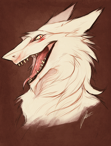 ambiguous_gender anthro brown_background bust_portrait facial_markings fluffy fur head_markings johis looking_at_viewer mammal markings open_mouth portrait pupils sergal signature simple_background slit_pupils solo teeth tongue white_body white_fur // 763x1000 // 688KB