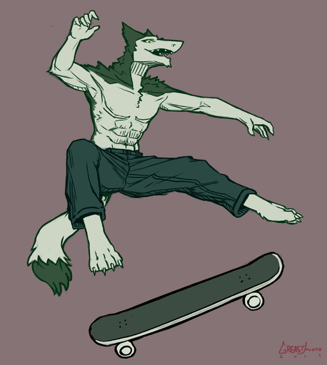 abs anthro clothed clothing fur greasymojo hi_res male open_mouth sergal simple_background skateboard smile solo topless // 1931x2160 // 829.6KB