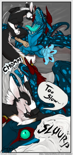 absurd_res animal_genitalia anthro balls black_penis comic dialogue dragon duo felkin feral fight fur furred_dragon genitals haloren hi_res horn_ring knot male male_pred male_prey mouth_shot open_mouth penis sonsasu text thash tongue url vore wings // 1879x4000 // 4.8MB