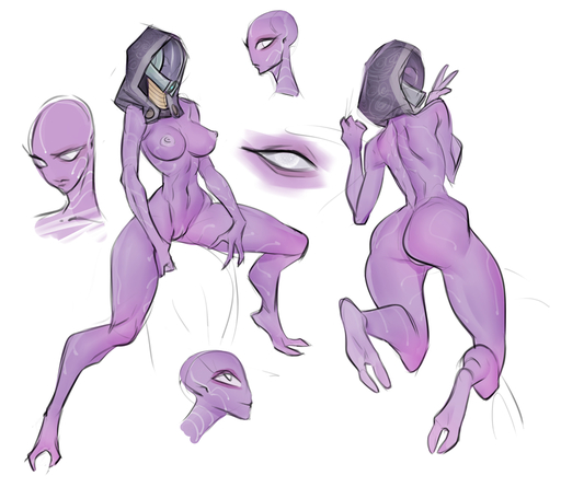 2021 2_toes 3_fingers alien alien_humanoid armor breasts butt colored_sketch feet female fingers front_view genitals grey_eyes headgear headgear_only helmet helmet_only humanoid johnfoxart mostly_nude nipples noseless not_furry purple_body purple_skin pussy quarian rear_view sketch solo tali'zorah toes video_games // 1250x1087 // 672.8KB
