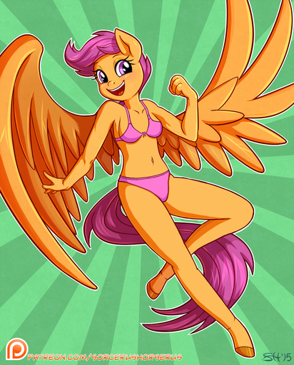 2015 aged_up anthro anthrofied bra clothed clothing edit equid equine feathered_wings feathers female hair hooves horse mammal navel open_mouth orange_body orange_feathers panties pegasus purple_eyes purple_hair scootaloo_(mlp) skimpy smile solo sorc underwear unguligrade_anthro wings // 914x1137 // 1.1MB