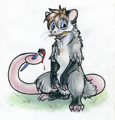 2013 blue_eyes brown_hair claws crotch_tuft didelphid fur gloves_(marking) hair looking_at_viewer male mammal markings marsupial mouth_hold neck_tuft no_sclera nude paint pencil_(object) prehensile_tail ruaidri semi-anthro solo tail_hold toe_claws tuft white_body white_fur // 719x746 // 93.5KB