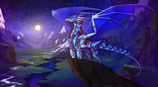 dragon feral hi_res horn landscape leniovias membrane_(anatomy) membranous_wings mountain neytirix outside scalie scar sky solo star starry_sky valley wings // 1884x1042 // 1.0MB