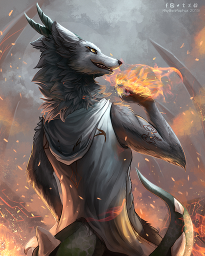 2019 4:5 anthro clothed clothing detailed detailed_fur dragon fire fur grey_body grey_fur grin hi_res horn hybrid magic outside rear_view rhythmpopfox smile solo spiked_tail spikes spikes_(anatomy) teeth yellow_eyes // 1280x1600 // 8.7MB