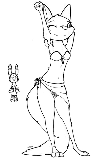3_toes anthro arctic_fox barefoot bikini canid canine clothed clothing duo feet female fox fur hi_res jack_savage lagomorph leporid male mammal monochrome rabbit sarong simple_background skye_(zootopia) swimming_trunks swimwear toes vulpes zhanbow // 969x1581 // 104.1KB