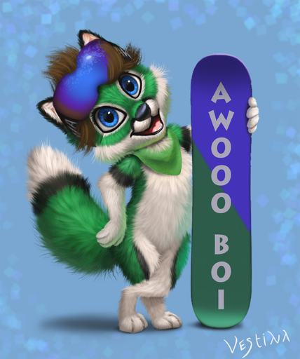 absurd_res anthro canid canine chibi fluffy fluffy_tail fox hi_res jib_kodi_(character) looking_at_viewer male mammal snowboard solo vestina // 2076x2484 // 1.2MB