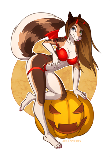 5_fingers anthro barefoot bent_over biped blue_eyes breasts brown_body brown_fur brown_hair canid canine canis cleavage clothed clothing domestic_dog feet female fingers food fruit fur green_eyes hair heterochromia jack-o'-lantern long_hair mammal midriff off_shoulder pink_nose plant pumpkin simple_background solo spefides standing tan_body tan_fur white_body white_fur wide_hips // 800x1138 // 3.5MB