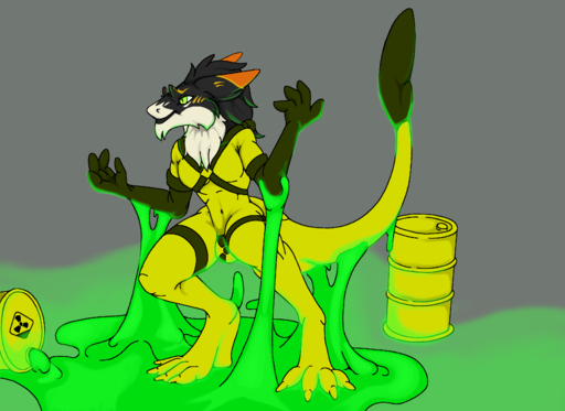 absurd_res anthro dripping genitals glowing hi_res kronas male penis radioactive rubber sergal slime solo thenegative // 3501x2550 // 1.2MB