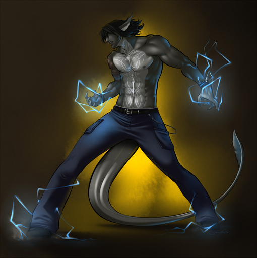 2010 abs anthro athletic belt biceps biped black_hair bottomwear bracelet chain clothed clothing footwear fur grey_body grey_fur hair hi_res hybrid jewelry magic male muscular muscular_anthro nipples pants pecs pose shoes short_hair solo spearfrost standing tattoo topless vein // 1195x1200 // 1.4MB