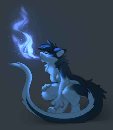 2020 anthro blue_fire breasts colored_fire crouching digital_media_(artwork) dragon eyes_closed featureless_breasts female fire fur furred_dragon grey_background hi_res hioshiru nude simple_background solo // 1368x1575 // 1.6MB
